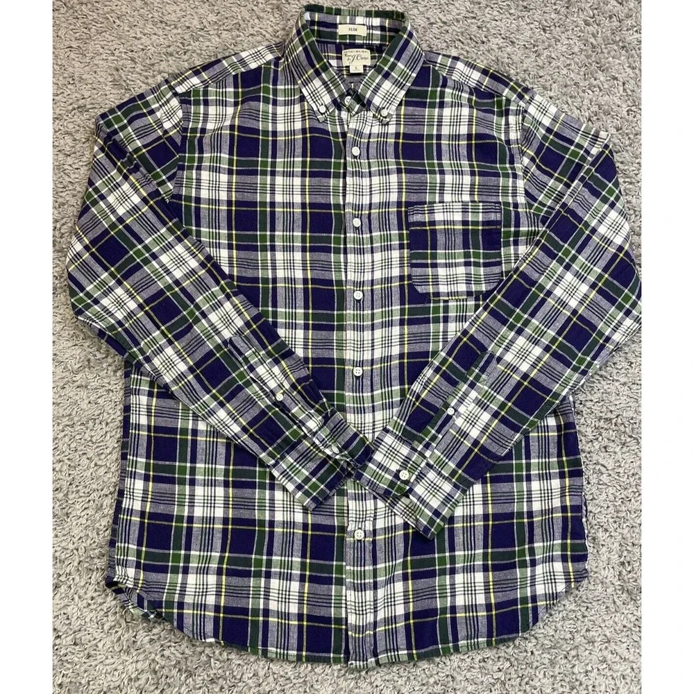 J. Crew Indian Madras‎ Men Slim Fit Plaid Button Down Blue Green L/S Shirt XL.